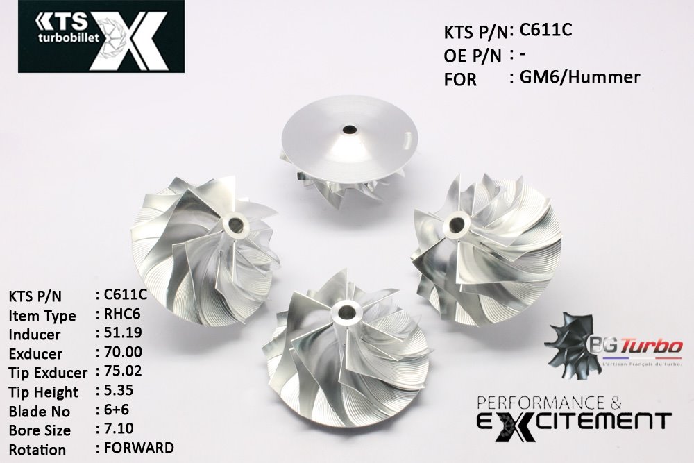 Turbo ROUE FORGÉE MFS PERFORMANCE - 6+6 PALES - INDUCER : 51,186 - EXDUCER : 70 - TYPE : RHC6ANGLE : 50° - ROTATION : Forward - SUPER BACK : 4,18 - BORE SIZE : 7,1
